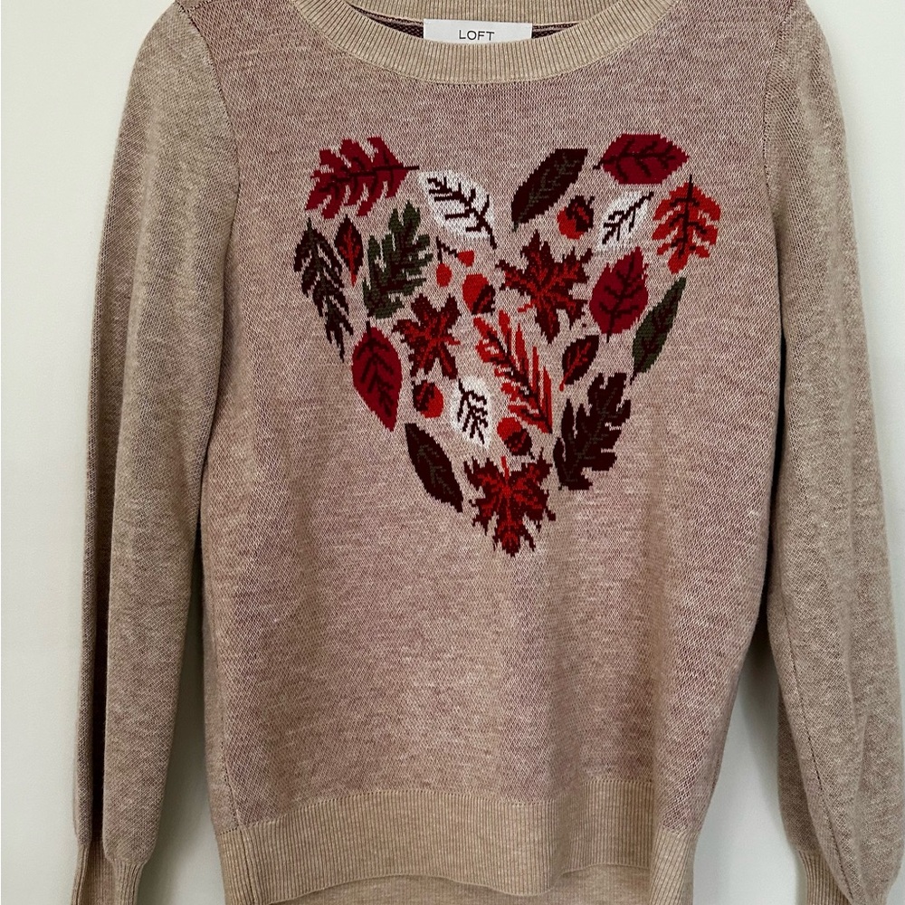 LOFT Beige Sweater with Red Leaf Heart Design